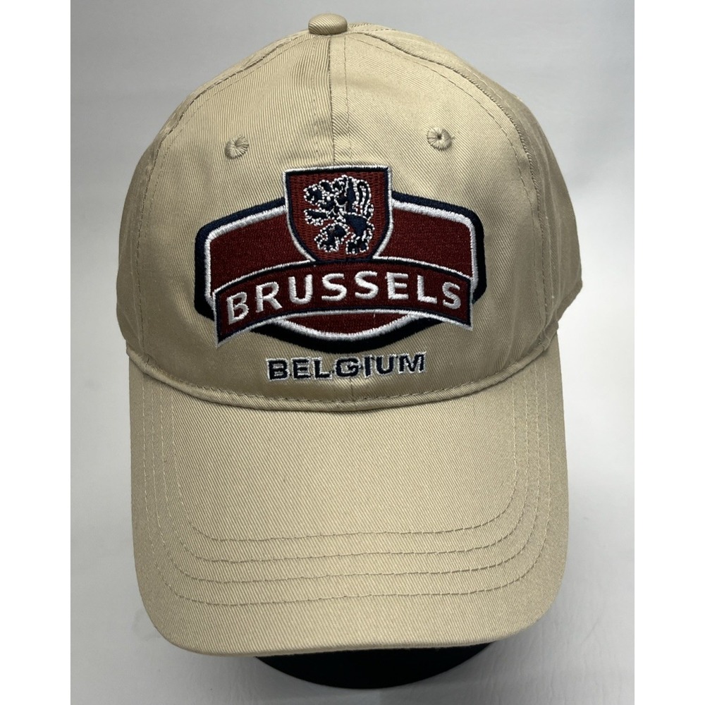 Brussels Belgium Patch on Hat Cap Maroon Black White on Tan Hook Loop NWOT